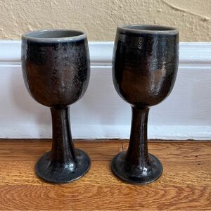 Pair Of Studio Art Pottery Goblets Wine Chalice Stoneware Handmade Signed Goth